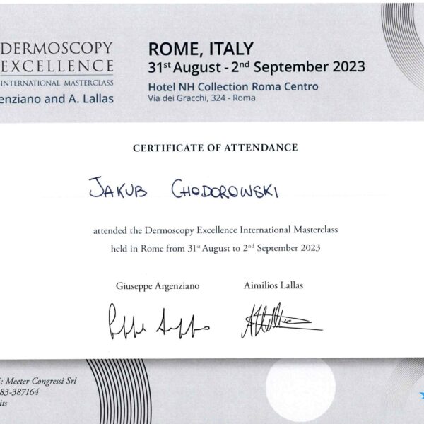 Certyfikat uczestnictwa Dr n. med. Jakub Chodorowskiego w konferencji Dermatoscopy Excellence Masterclass 2023 w Rzymie