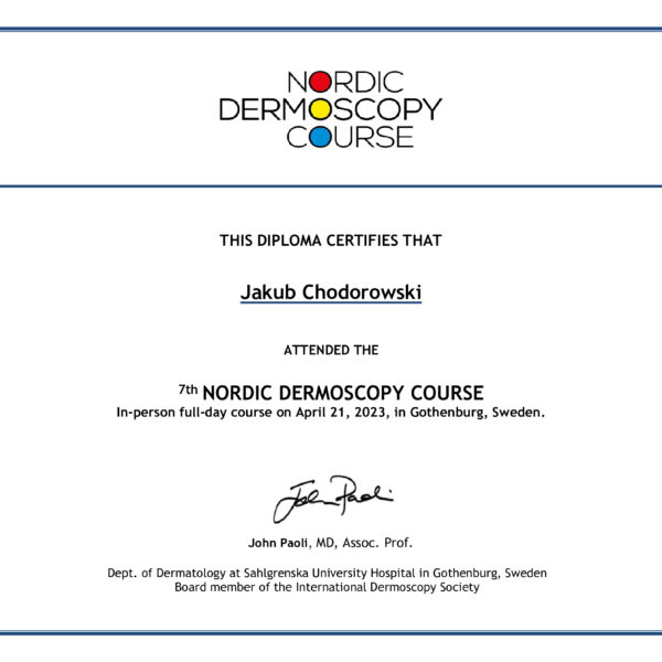 Certyfikat uczestnictwa Dr n. med. Jakub Chodorowskiego w konferencji 7th Nordic Dermatoscopy Course w Gotenburgu w Szwercji w 2023 roku