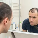 wypadanie włosów: Mężczyzna w lustrze ogląda swoje zakola, trzymając grzebień w ręku, wyraża zaniepokojenie.